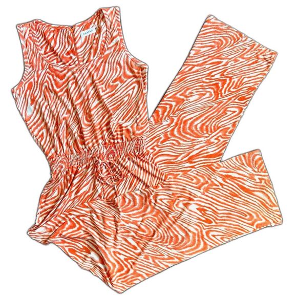 Calvin Klein Pants - CK Tie Waist Jumpsuit Orange Swirl Abstract Zebra Palazzo Romper Size 8 Stretchy